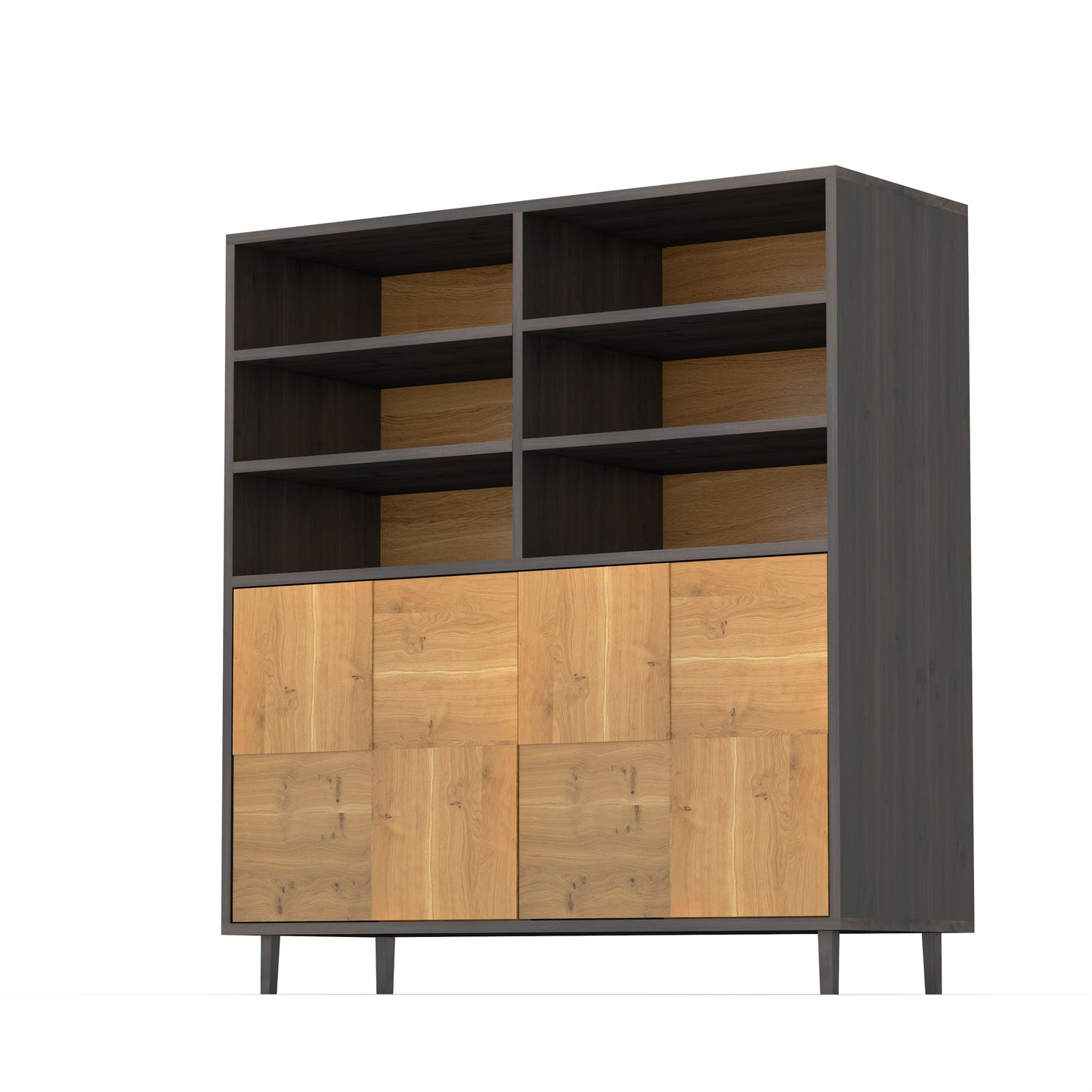 Rustikaler Eiche Highboard von Wildwuchs-Möbel mit Mosaik-Design, natur- und schwarz geölt, 120 cm breit.