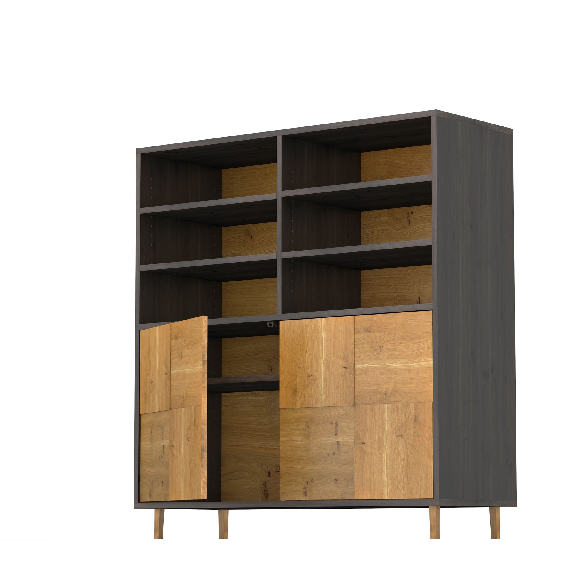 Rustikaler Highboard aus Eiche mit schwarzer geölter Mosaik-Oberfläche, 120cm breit, naturfarbenes und schwarzes Design von Wildwuchs-Möbel