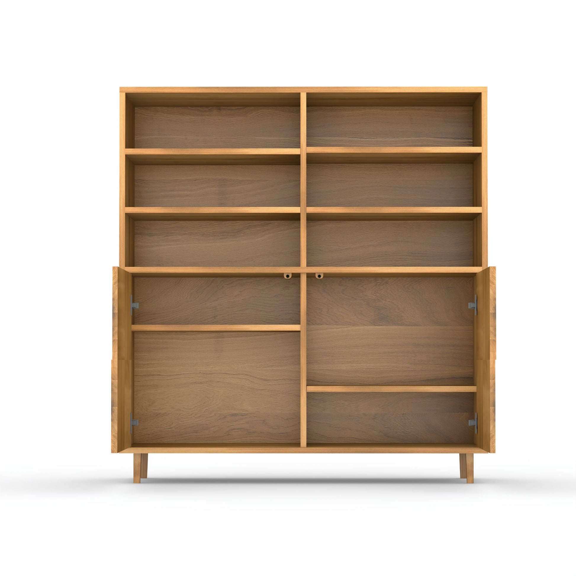 Hochschrank aus Eiche mit Mosaik-Design, natur geölt, 120cm breit, Wildwuchs-Möbel, offenes Design mit sichtbaren Fächern.