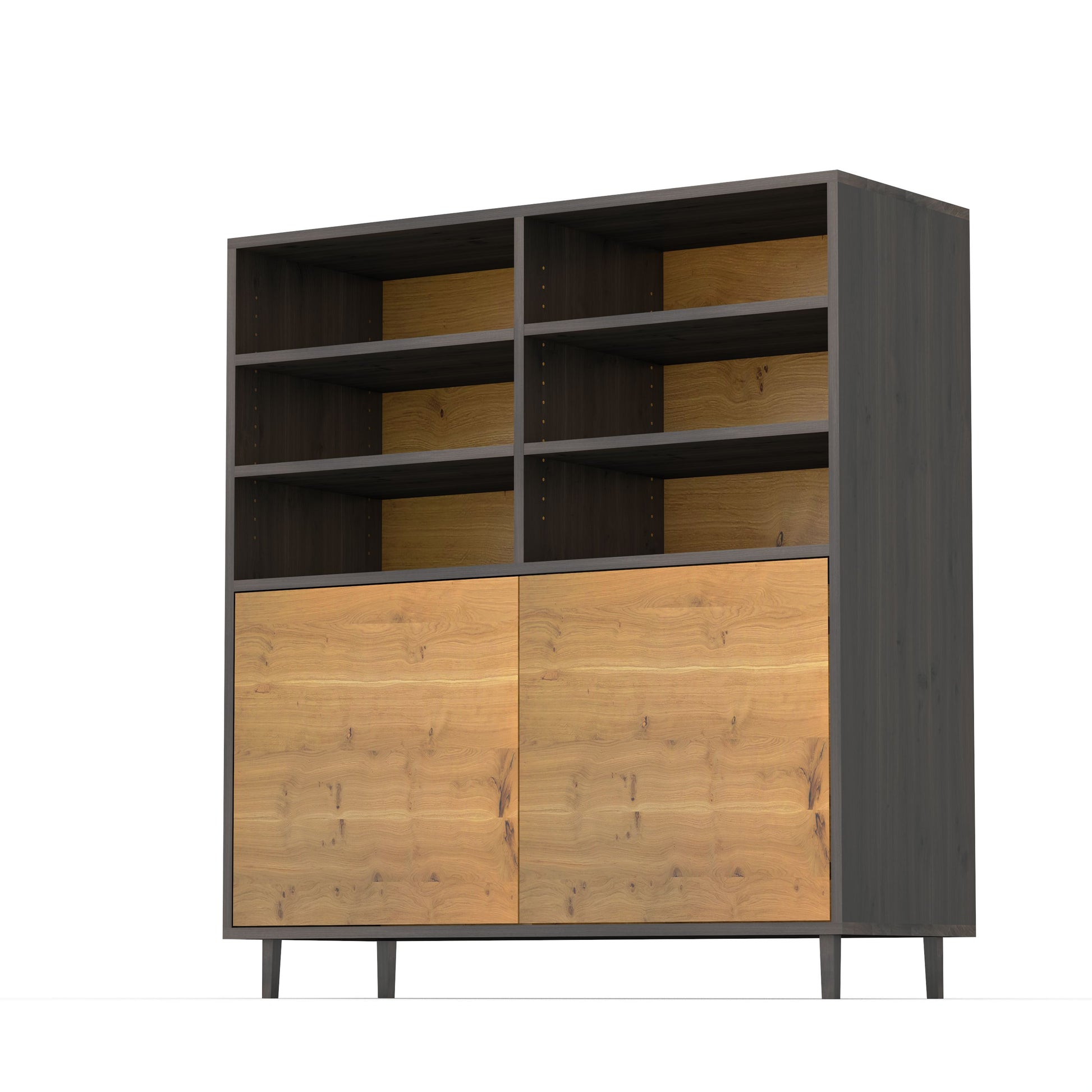 Rustikaler Highboard aus Eiche mit schmalen Fugen, natur- und schwarz geölt, 120 cm breit, von Wildwuchs-Möbel.