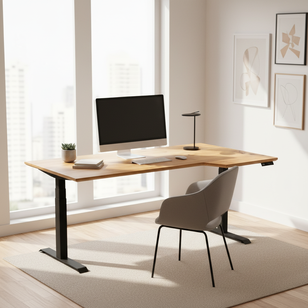 Massivholz Schreibtisch Eiche rustikal Natur geölt - elektrisch höhenverstellbar