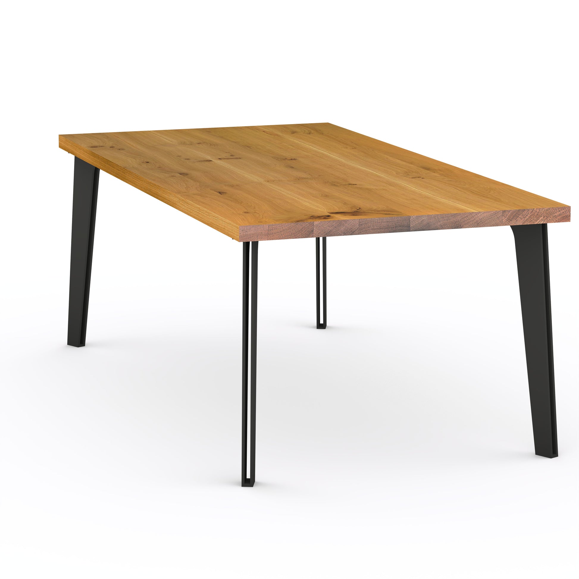 Rustic oak dining table by Wildwuchs-Möbel with natural wax finish and hollow leg design in solid steel.