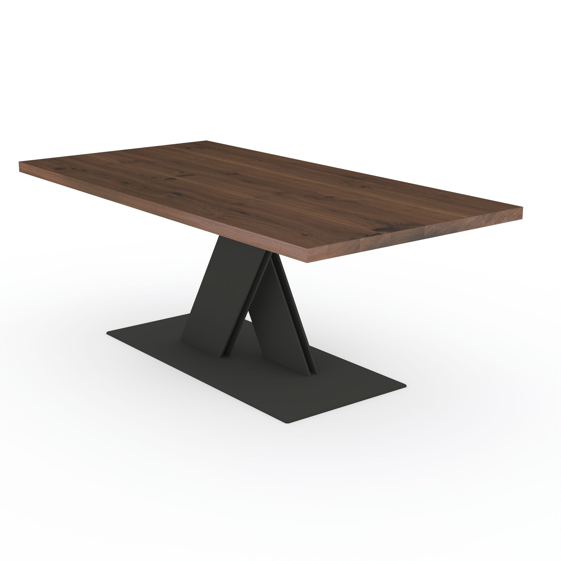 Rustic brown oak dining table with flat X-shaped base in solid steel by Wildwuchs-Möbel.