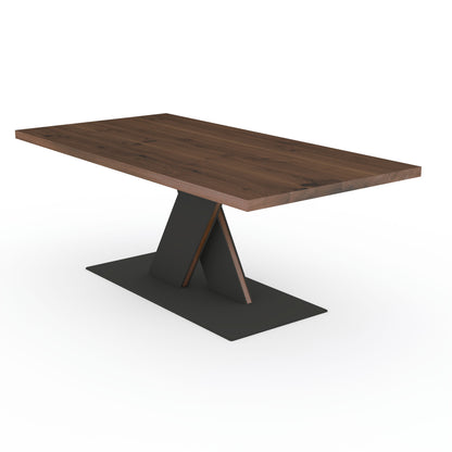 Rustic brown oak dining table by Wildwuchs-Möbel with a flat X-shaped base in solid steel and wood.