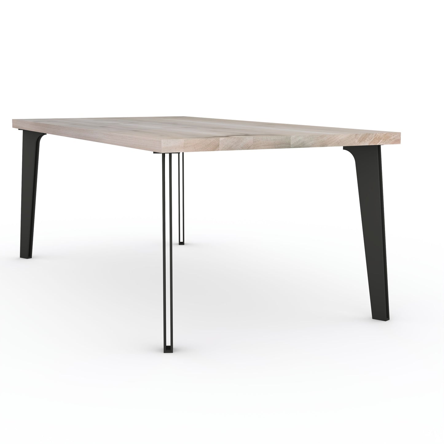 Rustic gray oak dining table by Wildwuchs-Möbel with solid steel "hollow leg" support, showcasing natural wood grain.