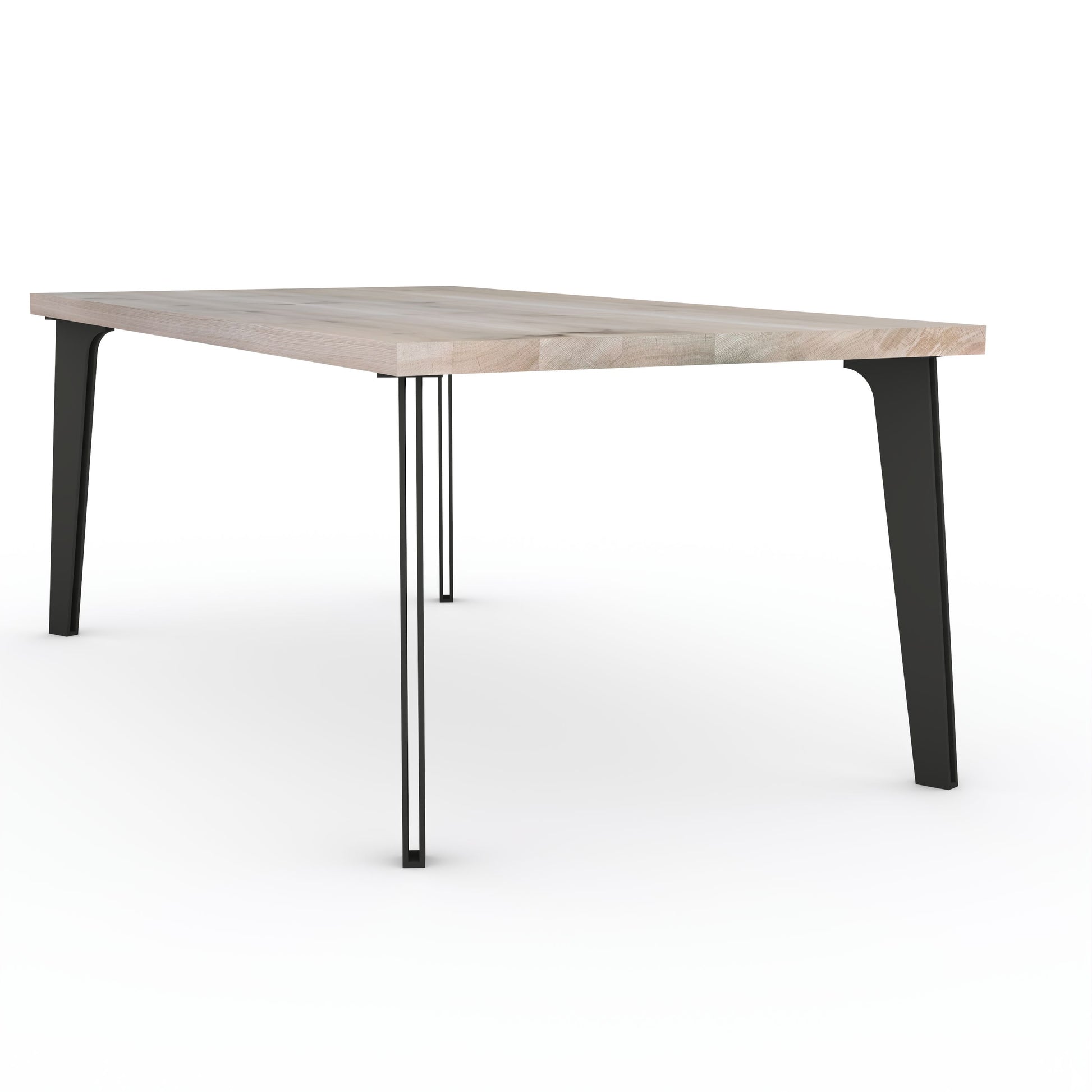 Rustic gray oak dining table by Wildwuchs-Möbel with solid steel "hollow leg" support, showcasing natural wood grain.