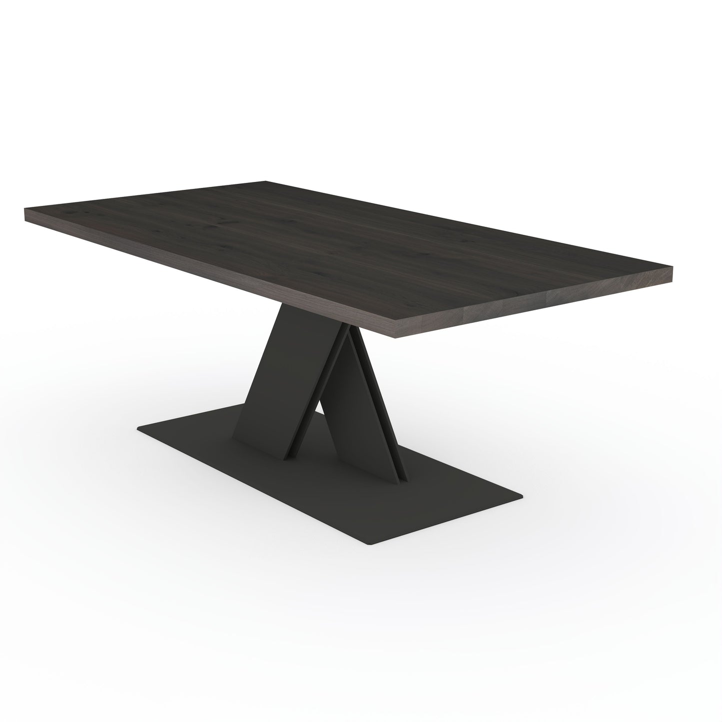 Rustic black oak dining table with flat X-shaped legs made of solid steel by Wildwuchs-Möbel.