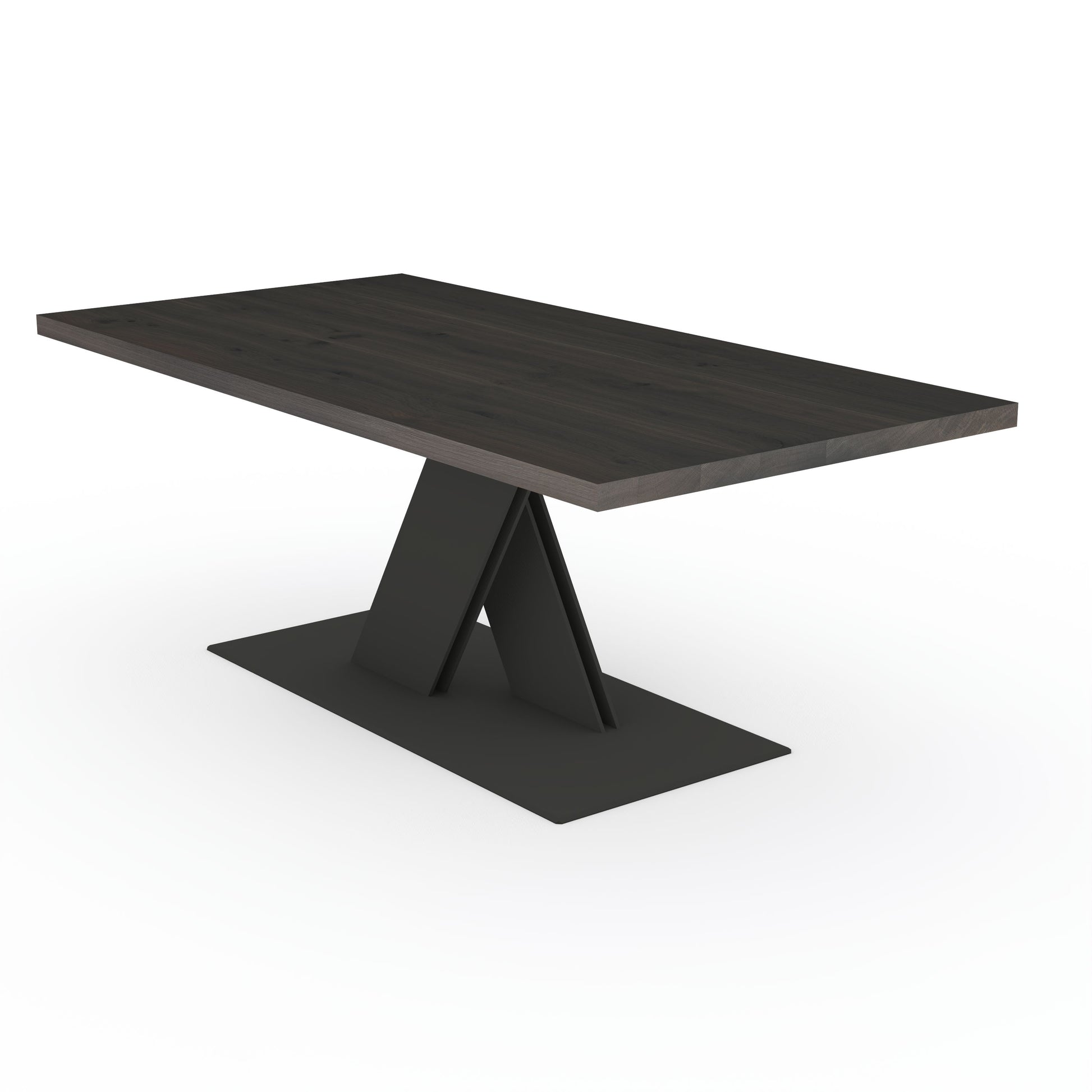 Rustic black oak dining table with flat X-shaped legs made of solid steel by Wildwuchs-Möbel.