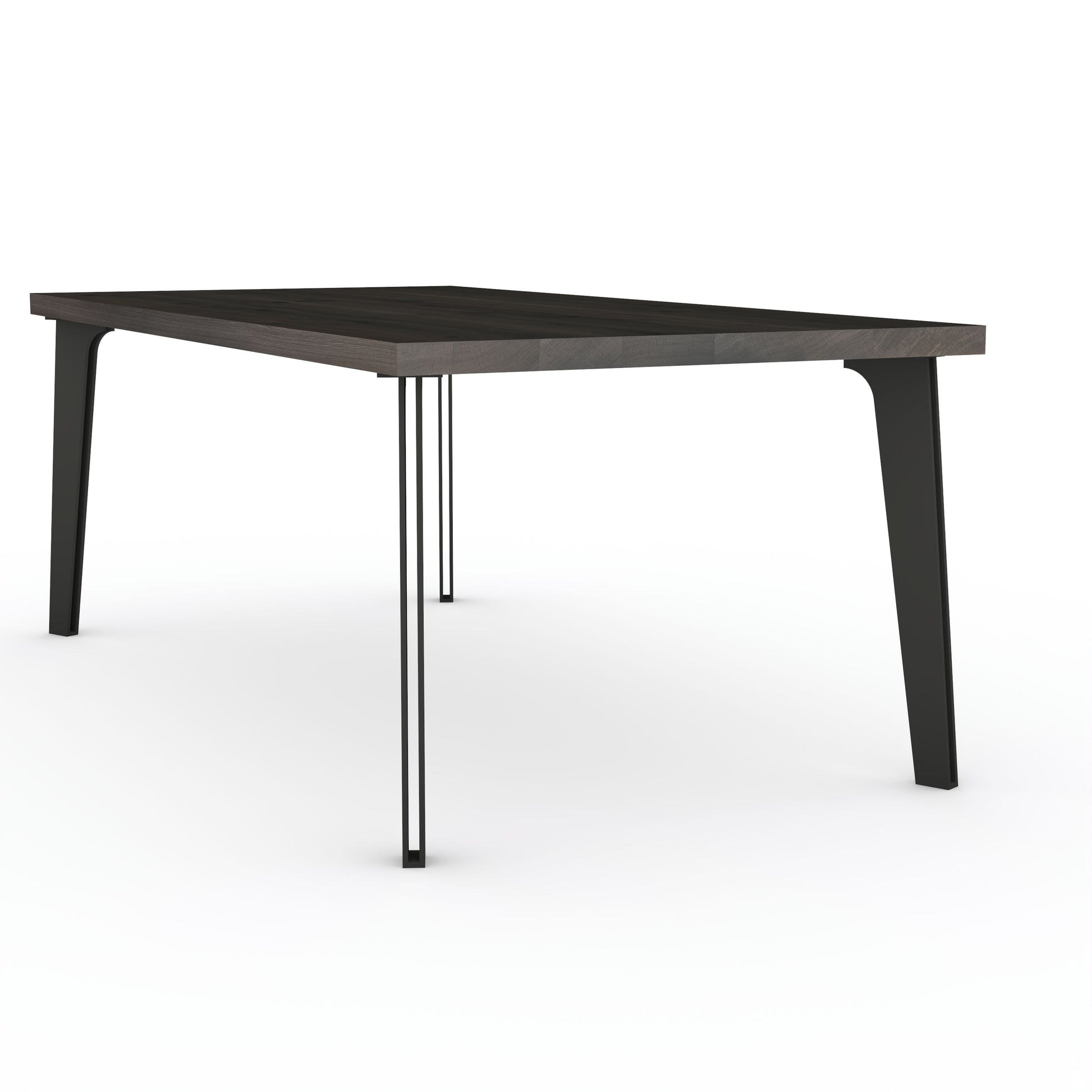 Rustic black oak dining table by Wildwuchs-Möbel with solid steel "hollow leg" base, showcasing natural wood grain.