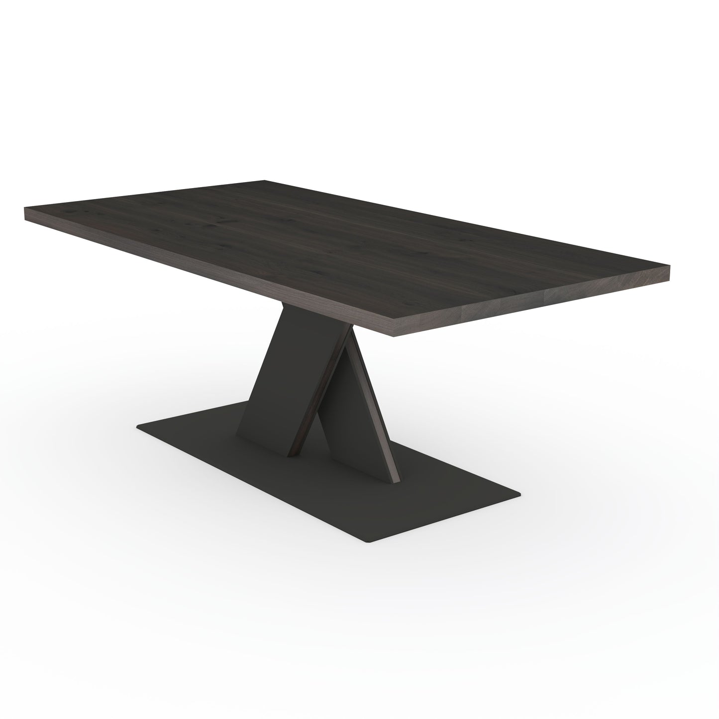 Rustic black oak dining table by Wildwuchs-Möbel with flat X-shaped base made of solid steel and wood.
