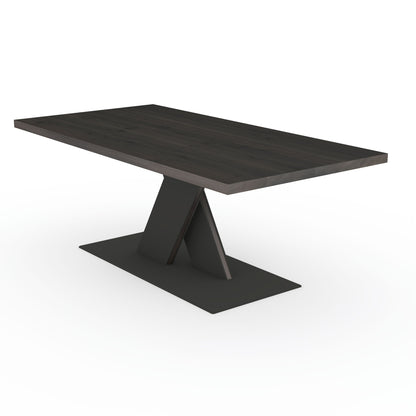 Rustic black oak dining table by Wildwuchs-Möbel with flat X-shaped base made of solid steel and wood.