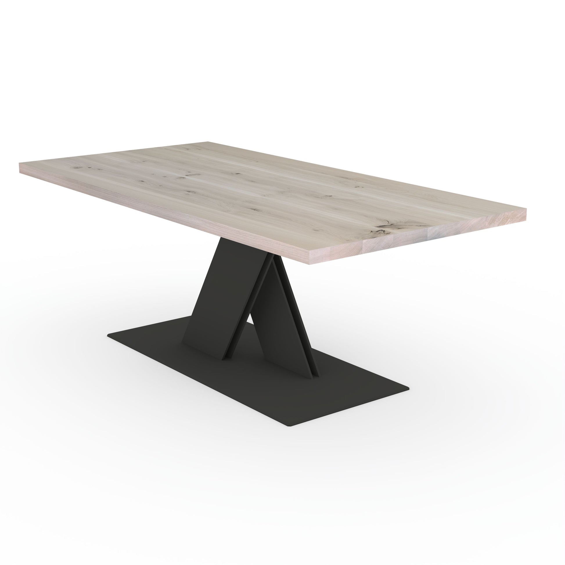 Rustic white oiled oak dining table with flat X-shaped base made of solid steel by Wildwuchs-Möbel.