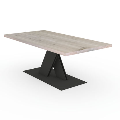 Rustic white oiled oak dining table with flat X-shaped base made of solid steel by Wildwuchs-Möbel.