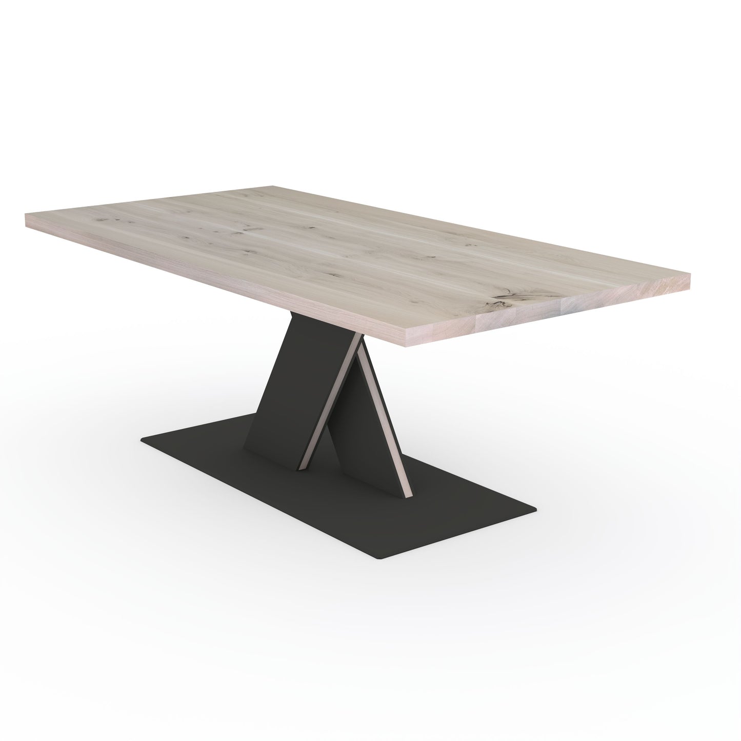 Rustic white oak dining table by Wildwuchs-Möbel with a flat X-shaped base in solid steel and wood.