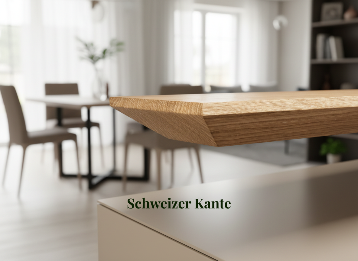 Esstisch aus geölter Eiche mit U-förmigem Fuß, präsentiert die Schweizer Kante und natürliche Holzmaserung.