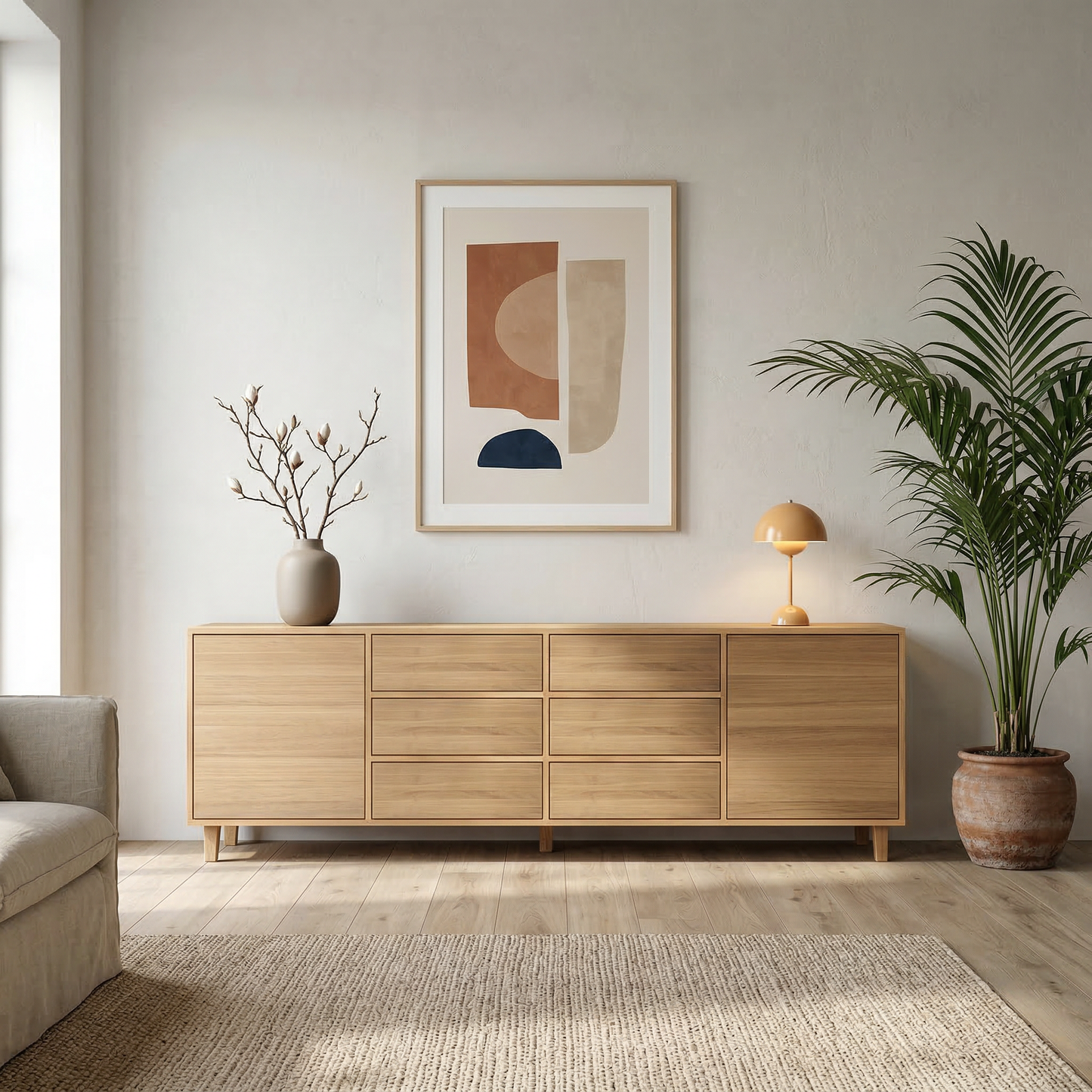 Eichen-Sideboard Wildwuchs-Möbel, 240cm, natur geölt, mit Holzstruktur und Schubladen, im modernen Wohnraum sichtbar