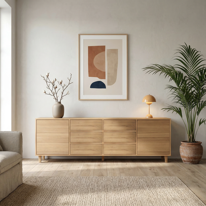 Eichen-Sideboard Wildwuchs-Möbel, 240cm, natur geölt, mit Holzstruktur und Schubladen, im modernen Wohnraum sichtbar