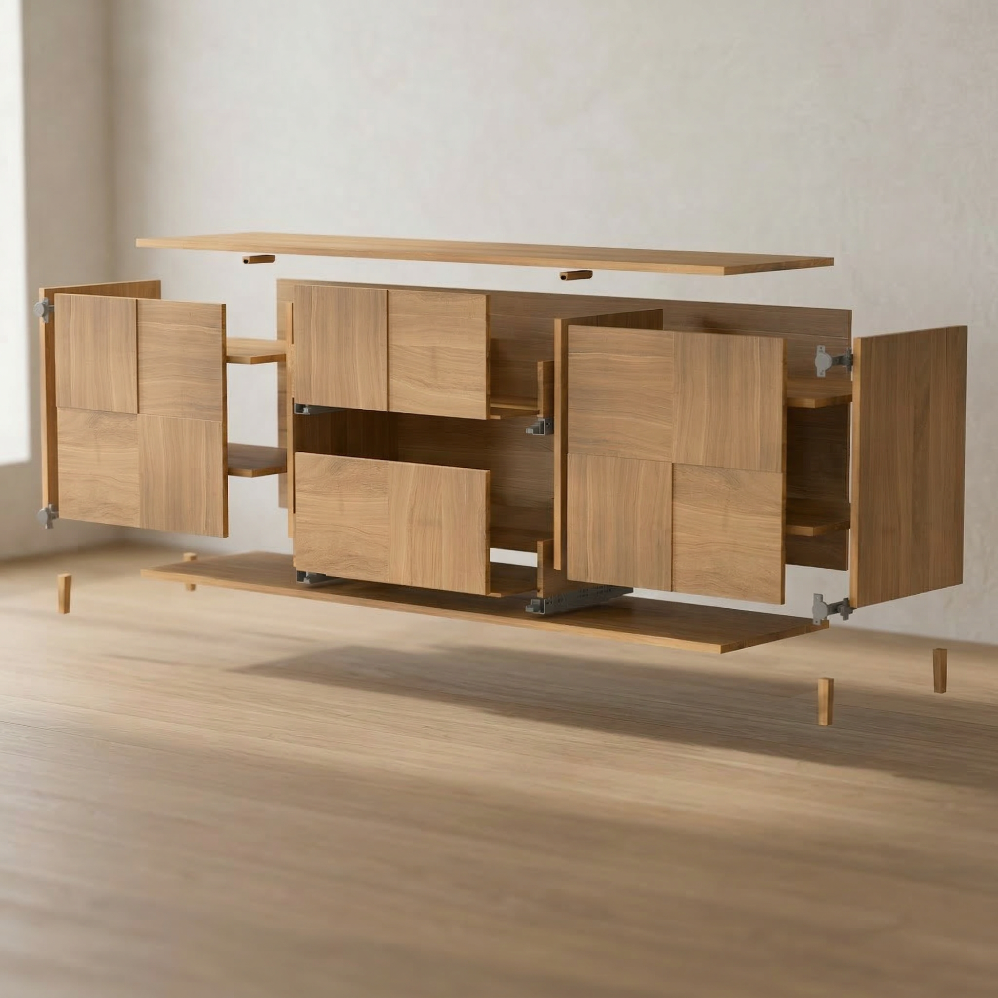 Massives Eichen-Sideboard "Mosaik" von Wildwuchs-Möbel, offen, natur geölt, 180 cm breit, stilvolles Möbelstück für das Wohnzimmer.