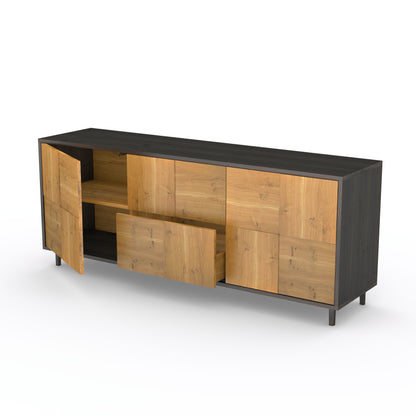 Rustikales Eichen-Sideboard "Mosaik" von Wildwuchs-Möbel, naturgeölt mit schwarzen Akzenten, 180cm breit, modernes Design