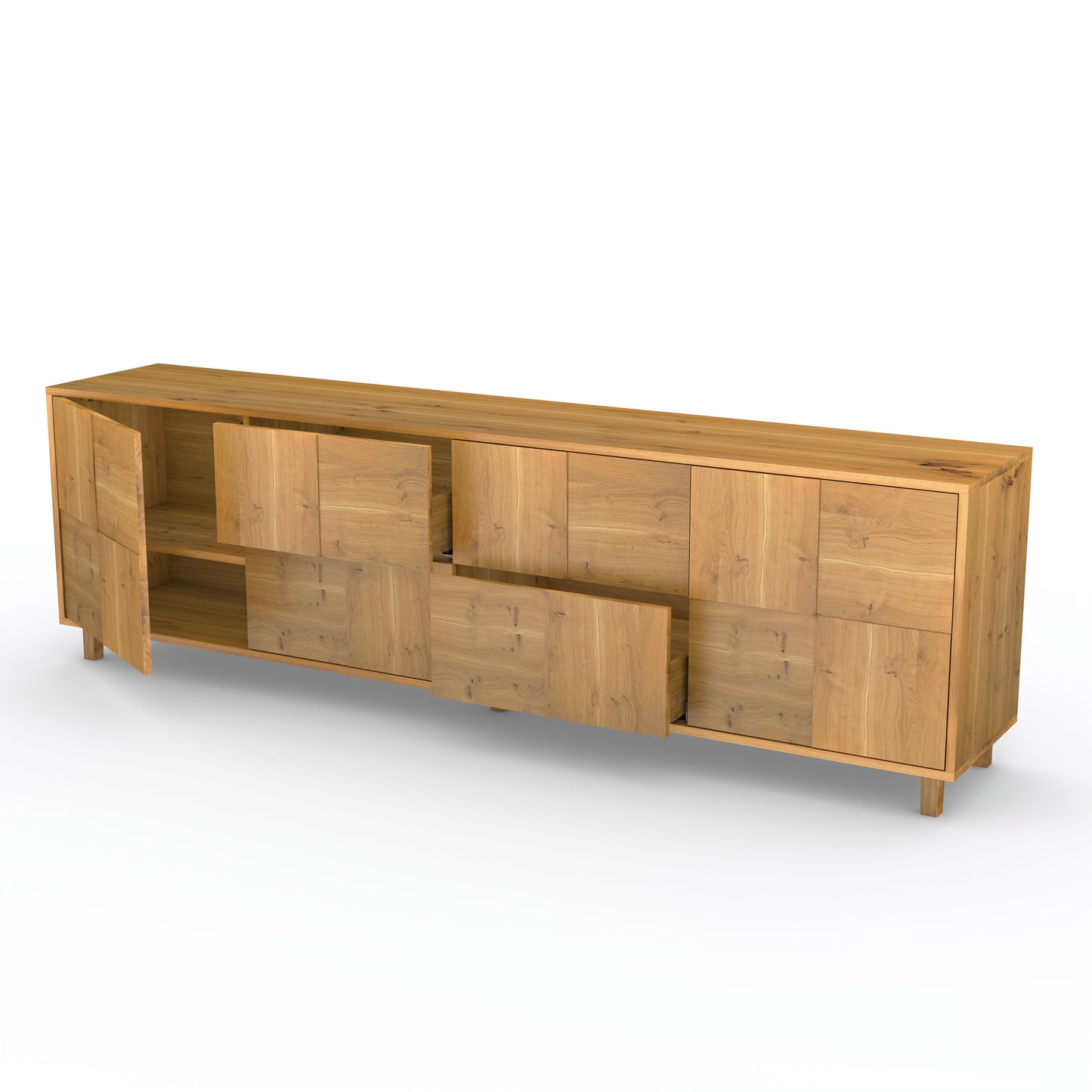 Rustikales Eichen-Sideboard "Mosaik" von Wildwuchs-Möbel, 240cm lang, naturgeölt, mit Mosaik-Design in Baukastenfront.