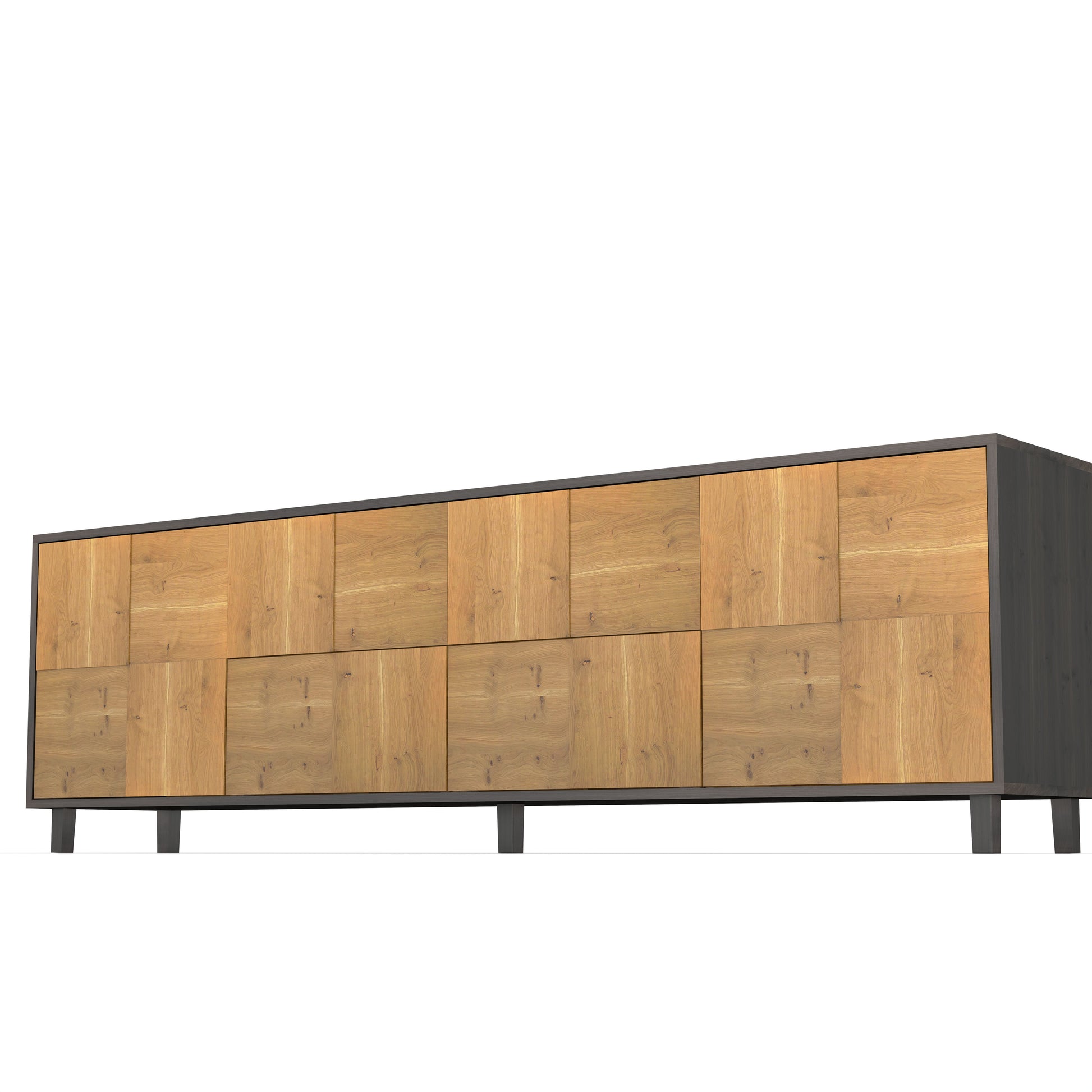 Rustikales Eiche Sideboard "Mosaik" von Wildwuchs-Möbel mit schwarzen geölten Fronten und 240cm Länge.