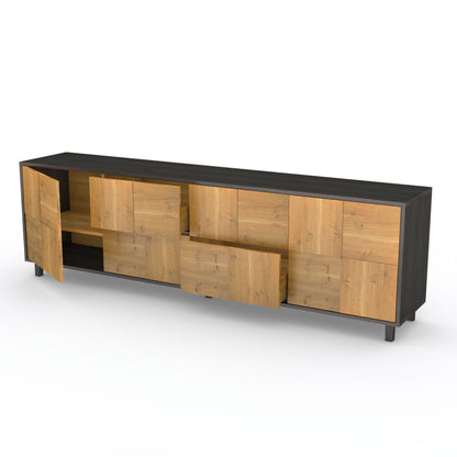 Rustikales Eiche Sideboard "Mosaik" von Wildwuchs-Möbel mit schwarzen Akzenten, 240 cm breit, naturbelassen und geölt