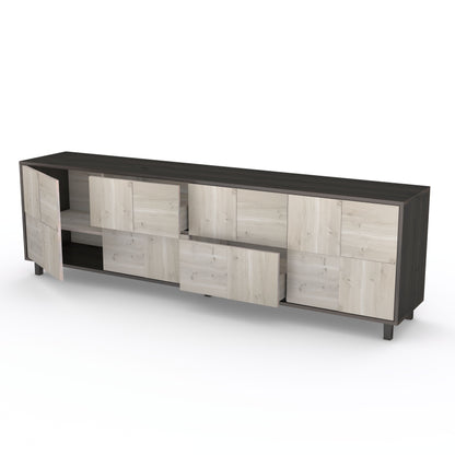 Rustikales Eiche-Sideboard "Mosaik" von Wildwuchs-Möbel mit schwarzen und weißen geölten Fronten, 240 cm breit.