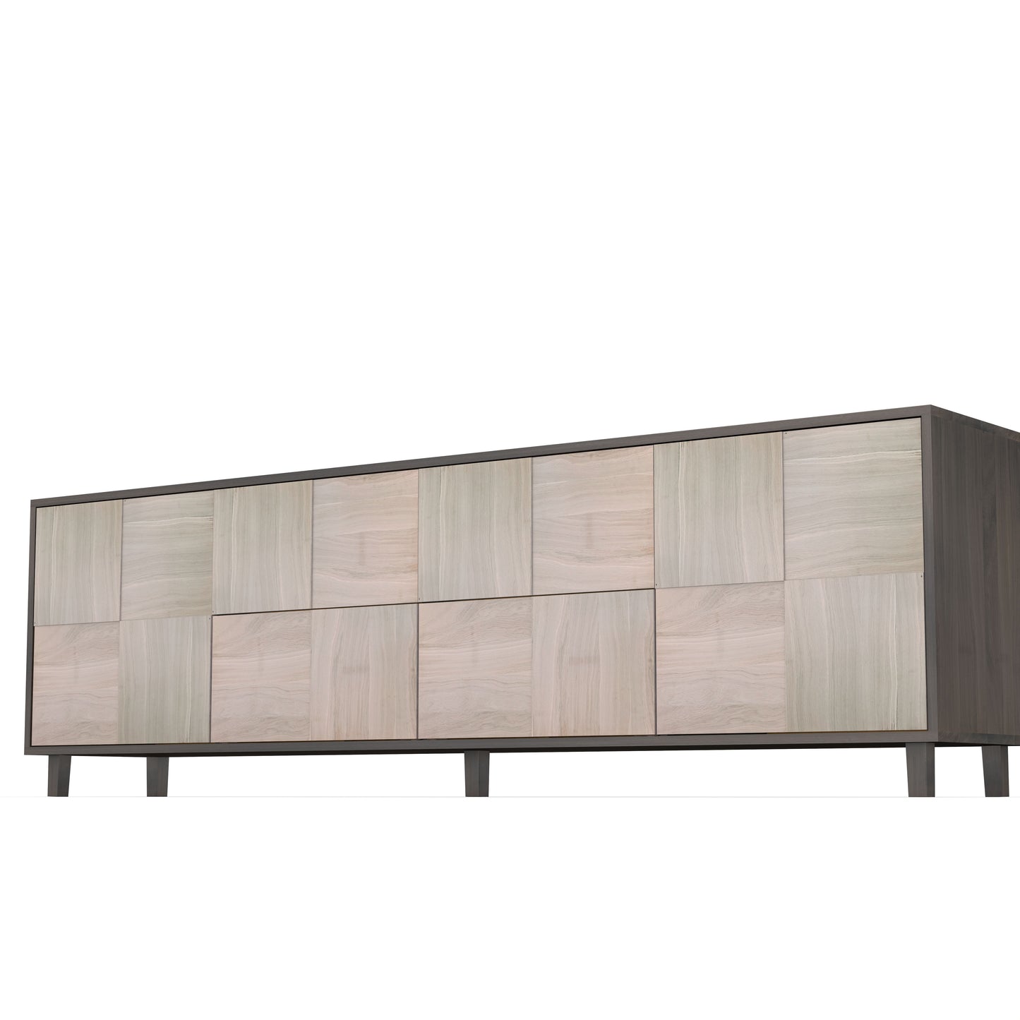 Schwarzes und weiß geöltes Eichen-Sideboard "Mosaik" von Wildwuchs-Möbel, 240 cm lang, mit modernen Baukastenfronten.