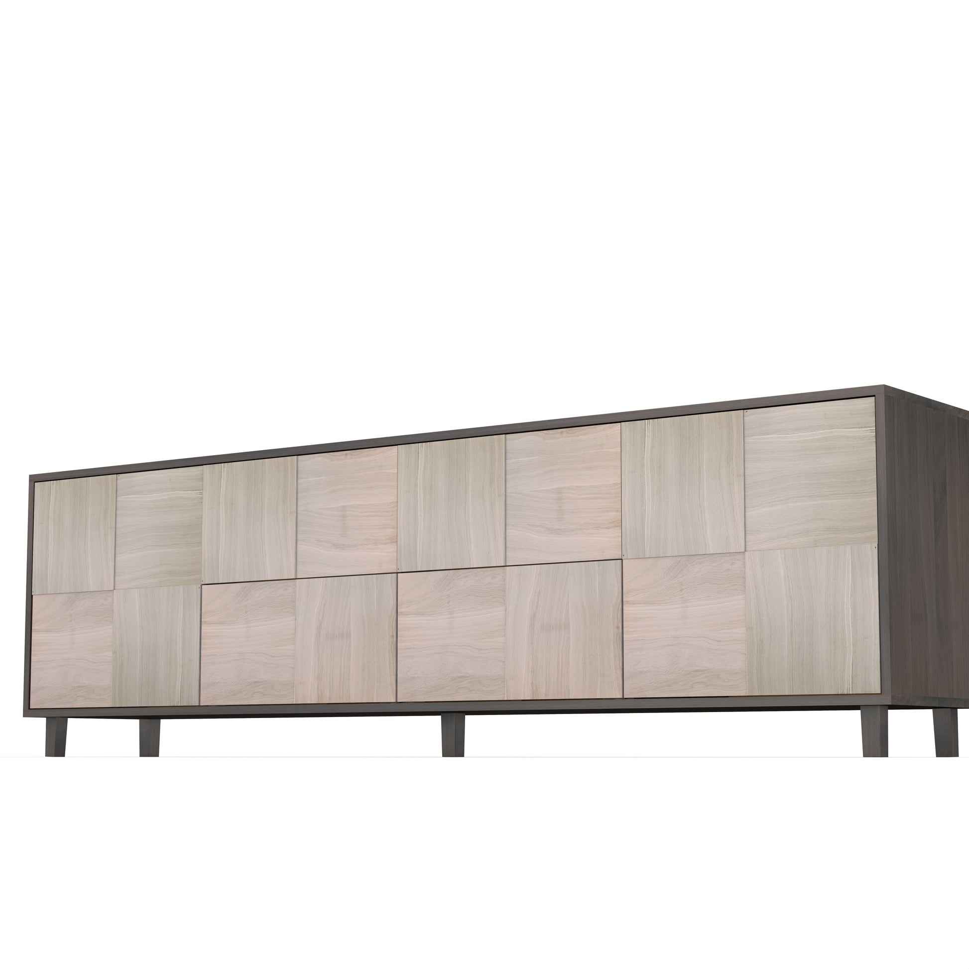 Schwarzes und weiß geöltes Eichen-Sideboard "Mosaik" von Wildwuchs-Möbel, 240 cm lang, mit modernen Baukastenfronten.