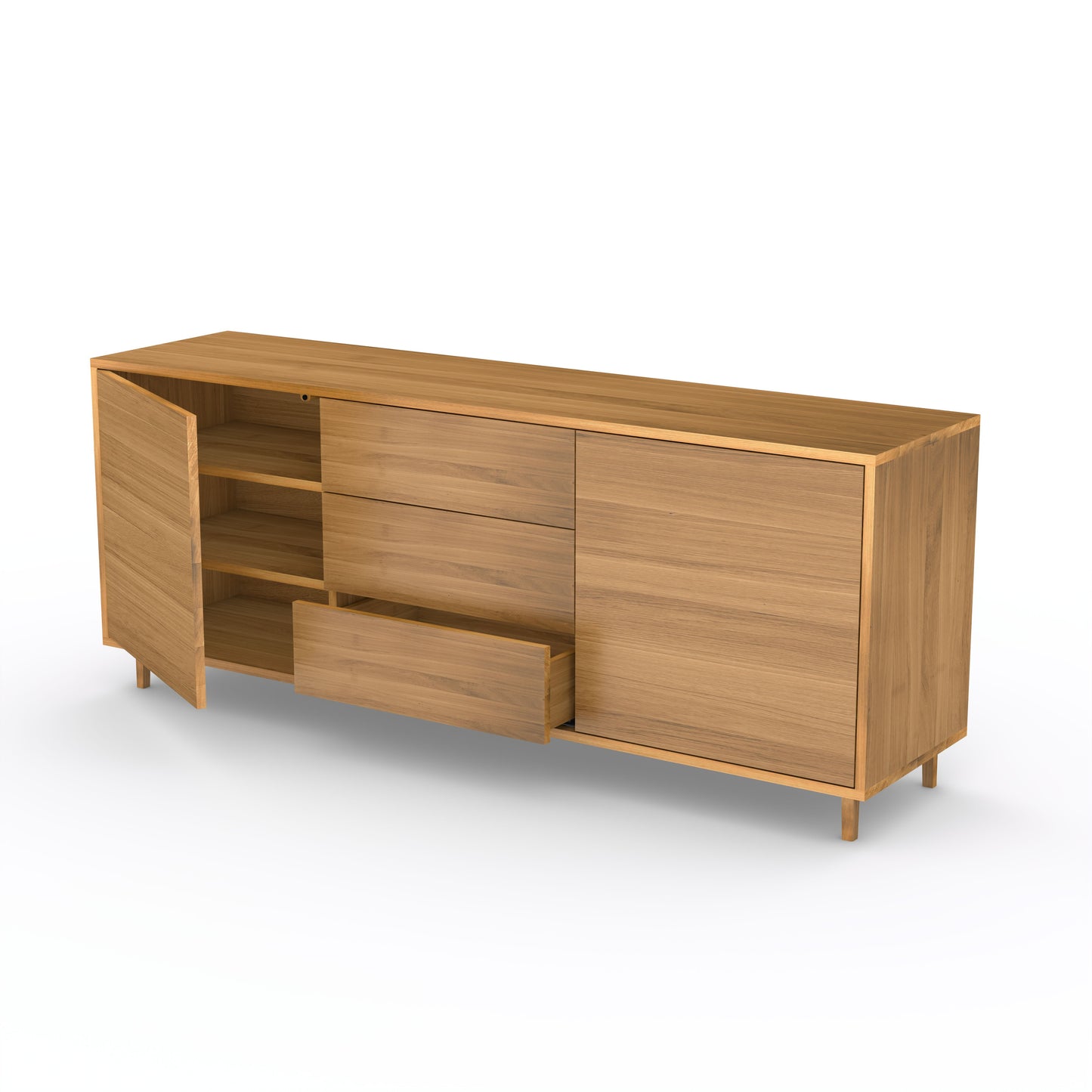 Sideboard "schmale Fuge" by Wildwuchs-Möbel in natural oiled oak, showcasing a sleek design and 180cm length.