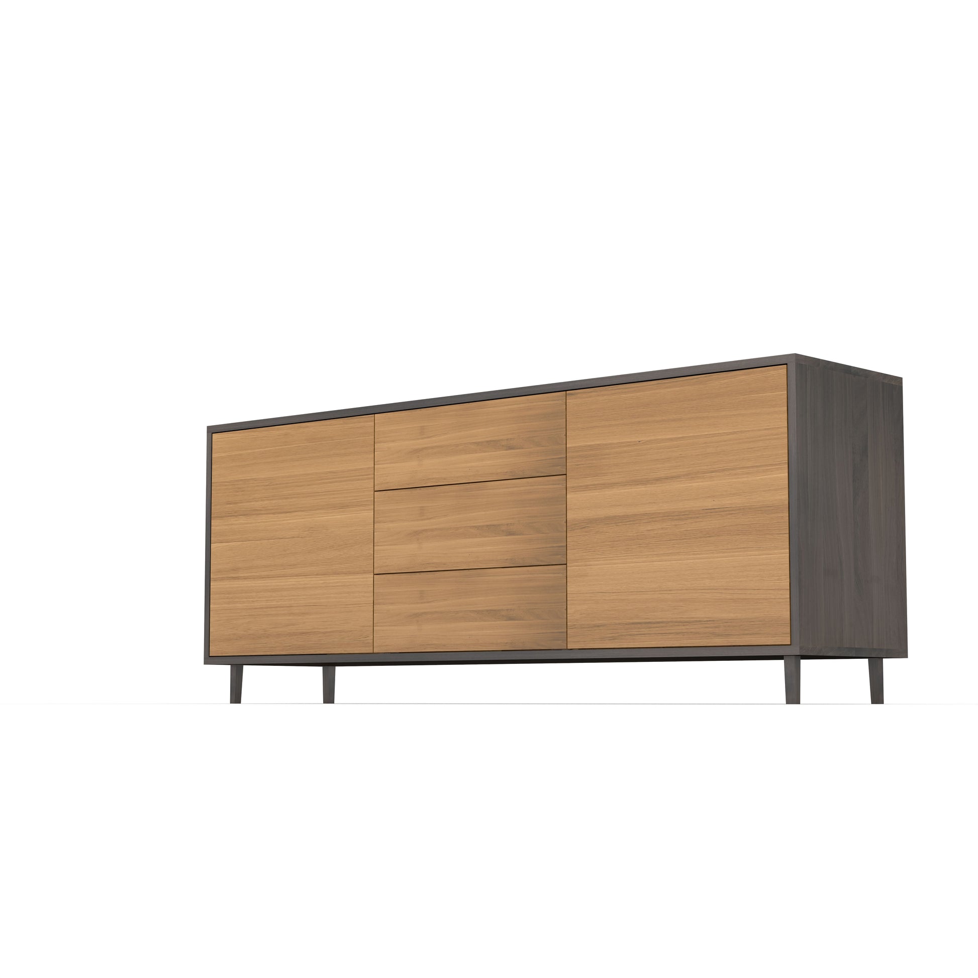 Sideboard "schmale Fuge" by Wildwuchs-Möbel in natural oak and black oil finish, 180cm wide, showcasing sleek design.