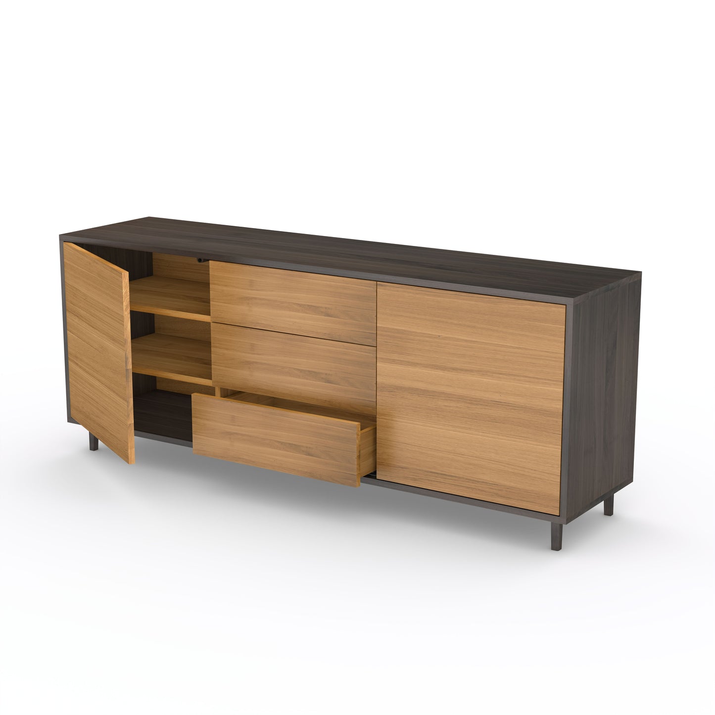 Sideboard "schmale Fuge" by Wildwuchs-Möbel in natural oak and black oil finish, 180cm long, showcasing elegant design.