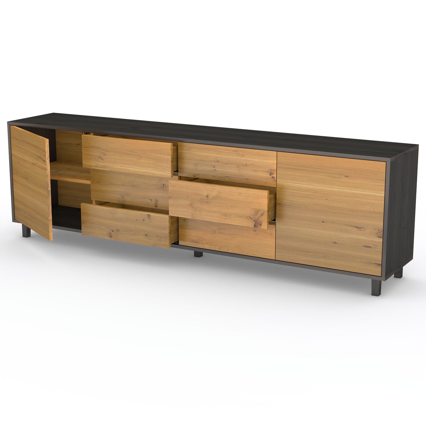 Rustic oak sideboard "schmale Fuge" in natural and black oil finish, 240cm, showcasing sleek design and elegant wood grain.