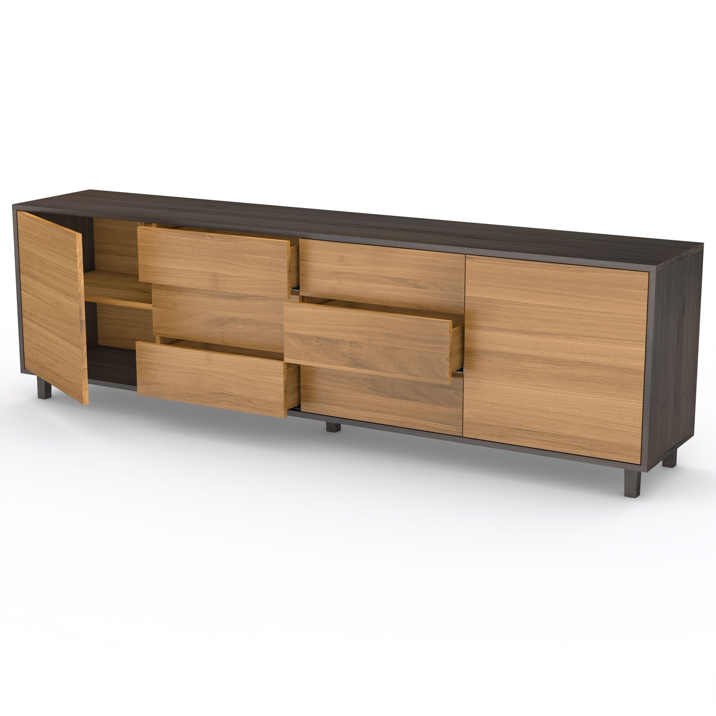 Sideboard "schmale Fuge" by Wildwuchs-Möbel in natural oak and black oil finish, showcasing a sleek design and ample storage.