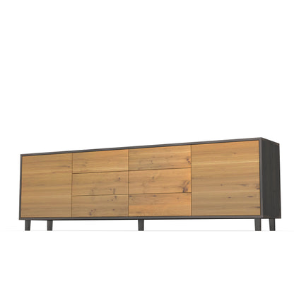 Rustic oak sideboard "schmale Fuge" by Wildwuchs-Möbel in natural and black oil finish, 240cm wide.