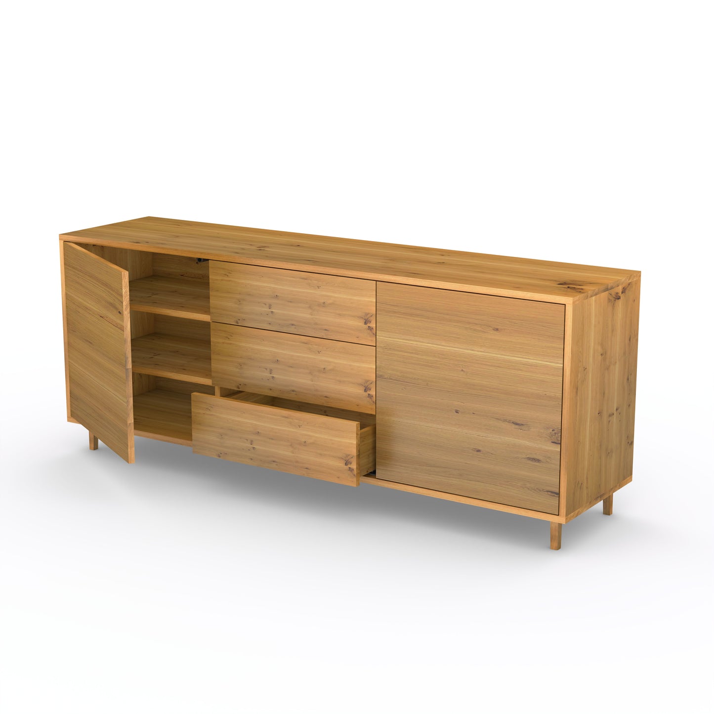 Schmales Eiche Rustikal Sideboard "schmale Fuge" von Wildwuchs-Möbel, naturgeölt, 180 cm breit, mit rustikaler Oberfläche.