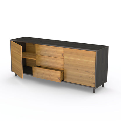 Rustic oak sideboard "schmale Fuge" in natural and black oil finish, 180cm wide, showcasing elegant design and texture.