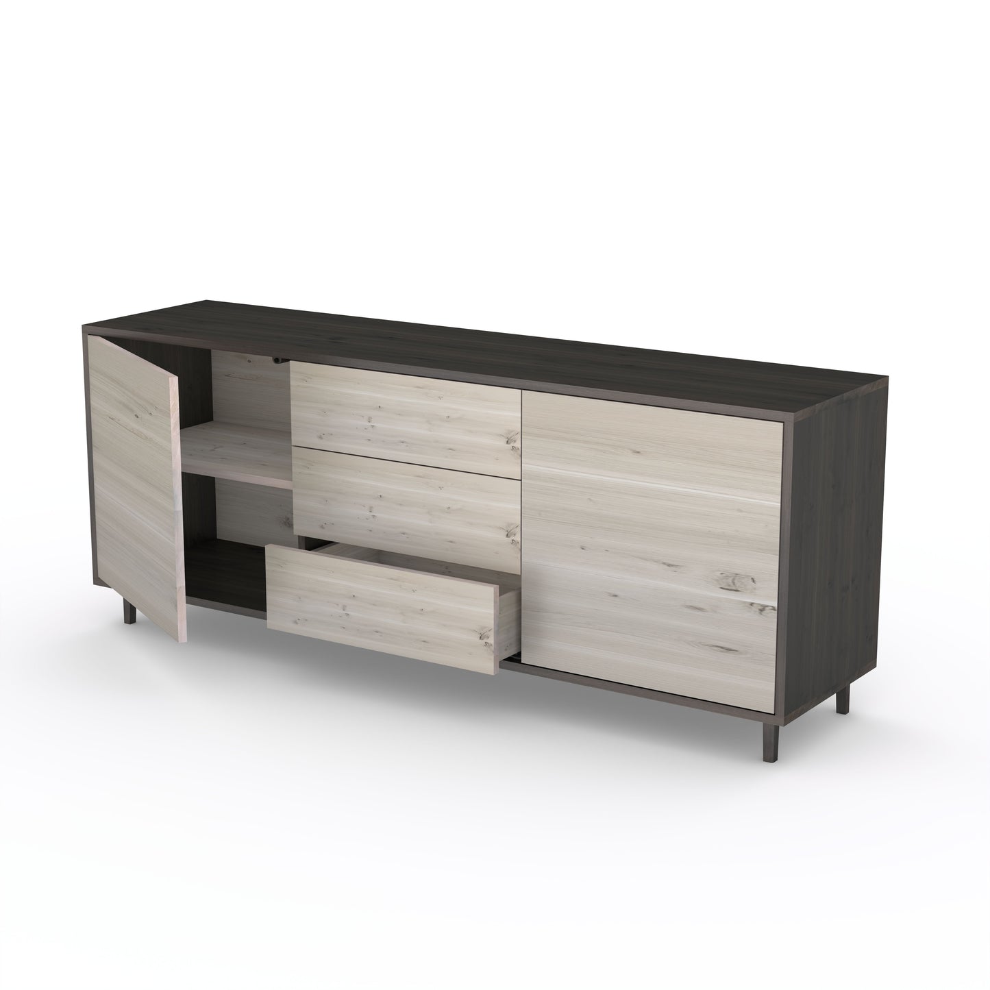 Rustic oak sideboard "schmale Fuge" in black and white, 180cm wide, showcasing natural wood grain and sleek design.