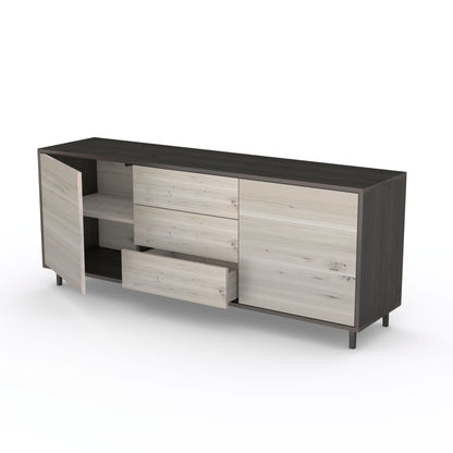 Rustic oak sideboard "schmale Fuge" in black and white, 180cm wide, showcasing natural wood grain and sleek design.