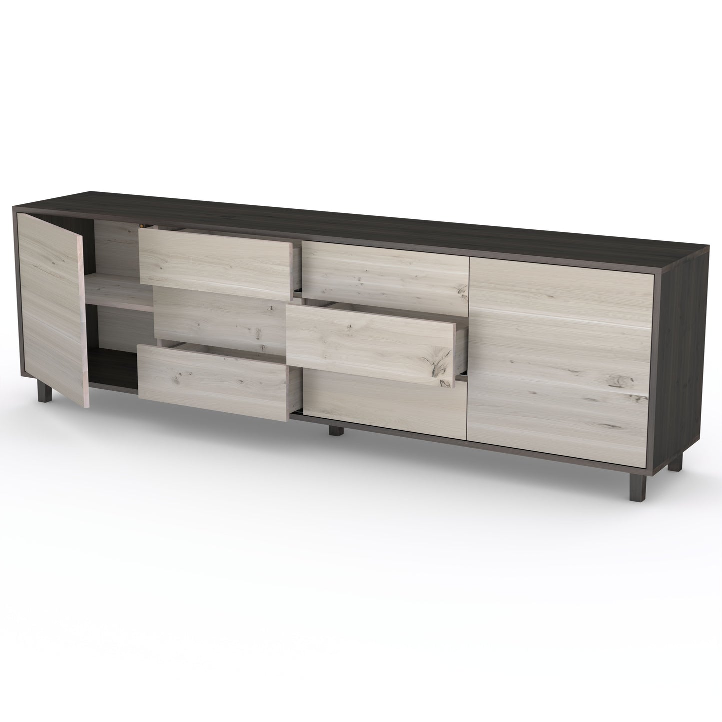Rustic oak sideboard "schmale Fuge" in black and white, 240cm, showcasing natural wood grain and sleek design.