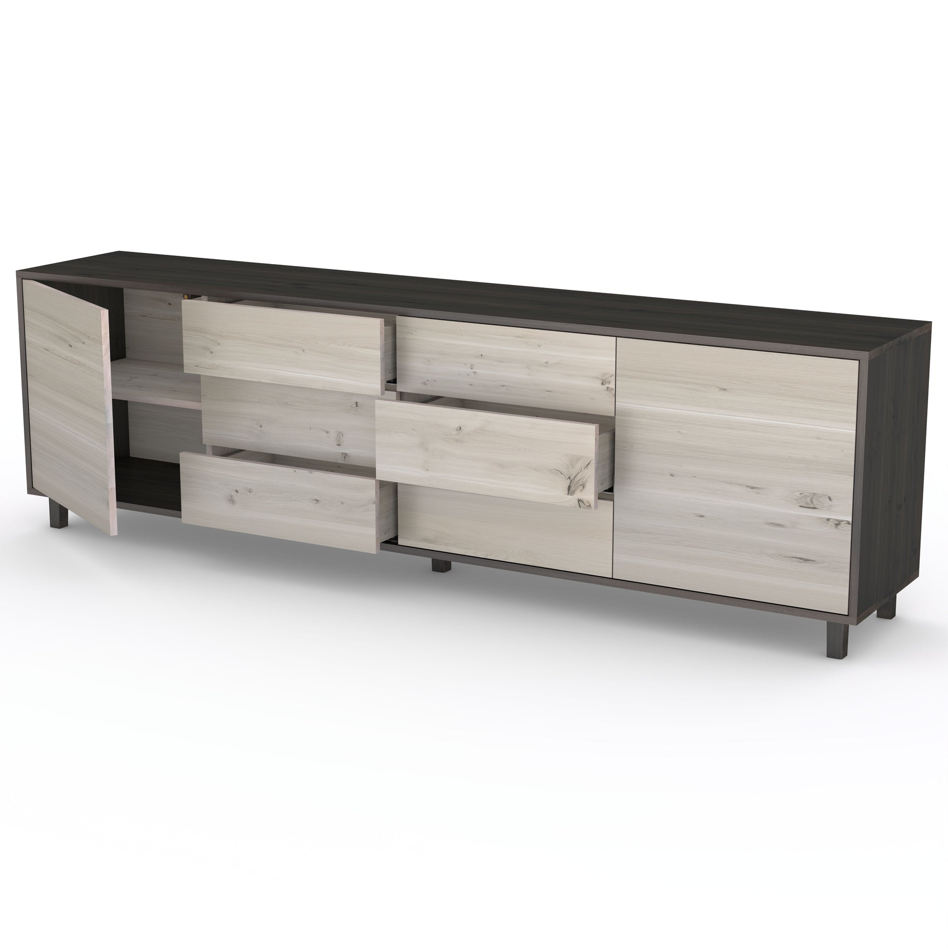 Rustic oak sideboard "schmale Fuge" in black and white, 240cm, showcasing natural wood grain and sleek design.