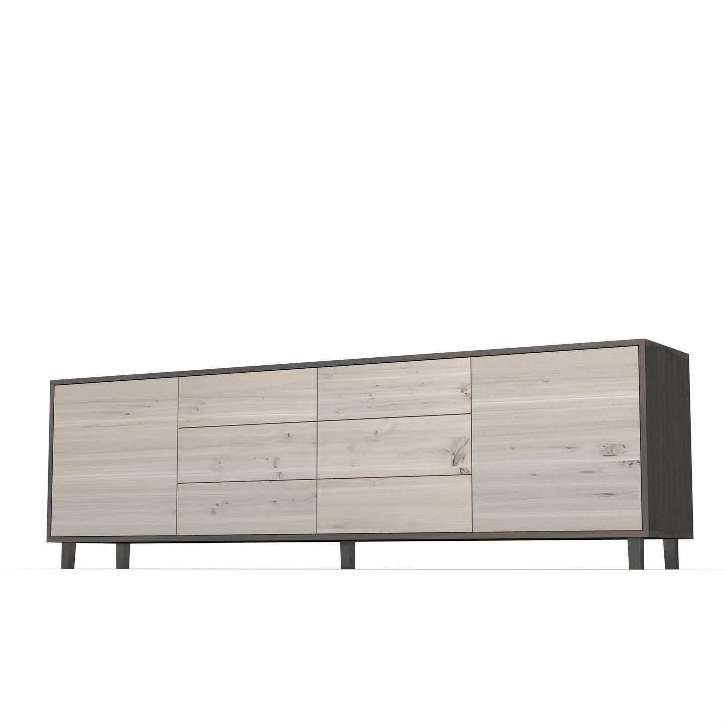 Rustic oak sideboard "schmale Fuge" in black and white, showcasing a sleek 240cm design by Wildwuchs-Möbel.