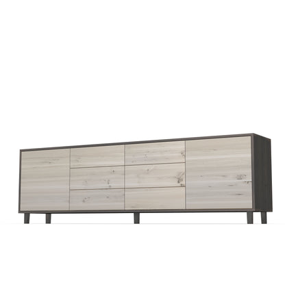 Rustic oak sideboard "schmale Fuge" in black and white, showcasing a sleek 240cm design by Wildwuchs-Möbel.