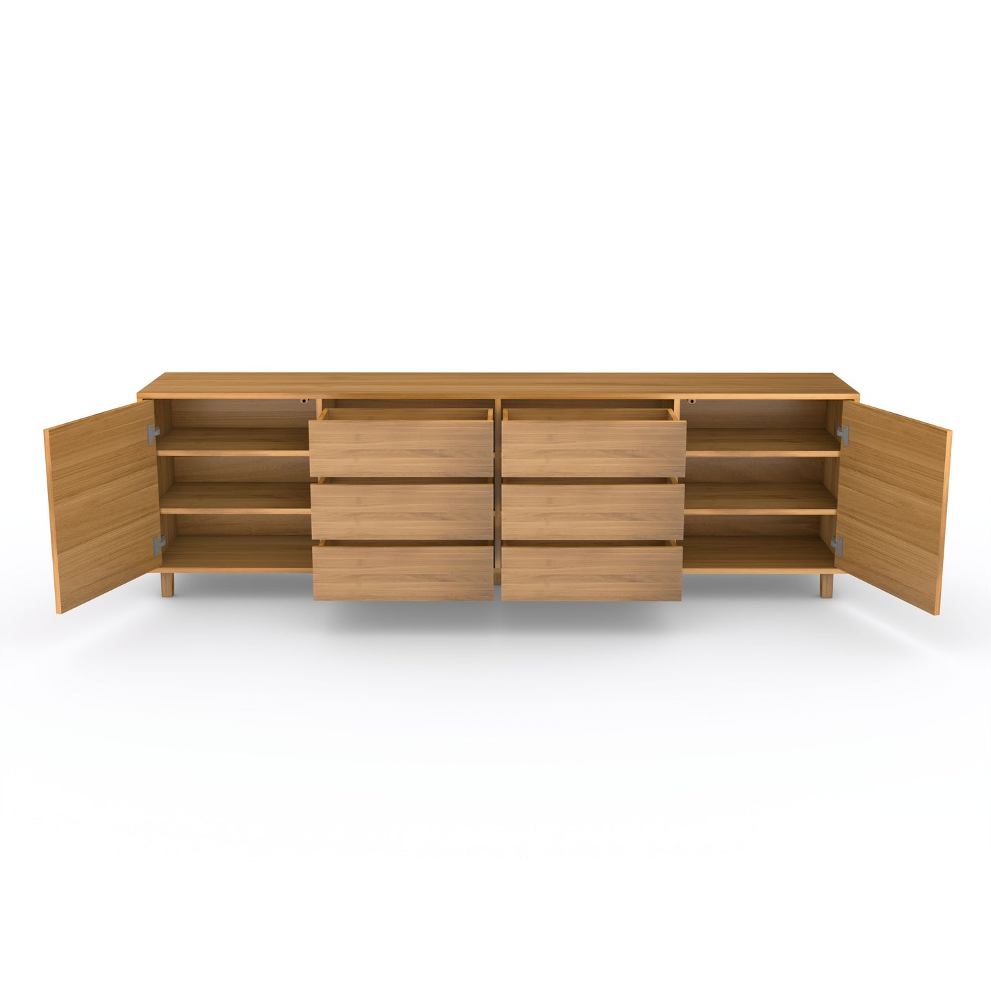 Helles Eichen-Sideboard von Wildwuchs-Möbel, naturgeölt, 240cm lang, mit offener Tür und Stauraum.