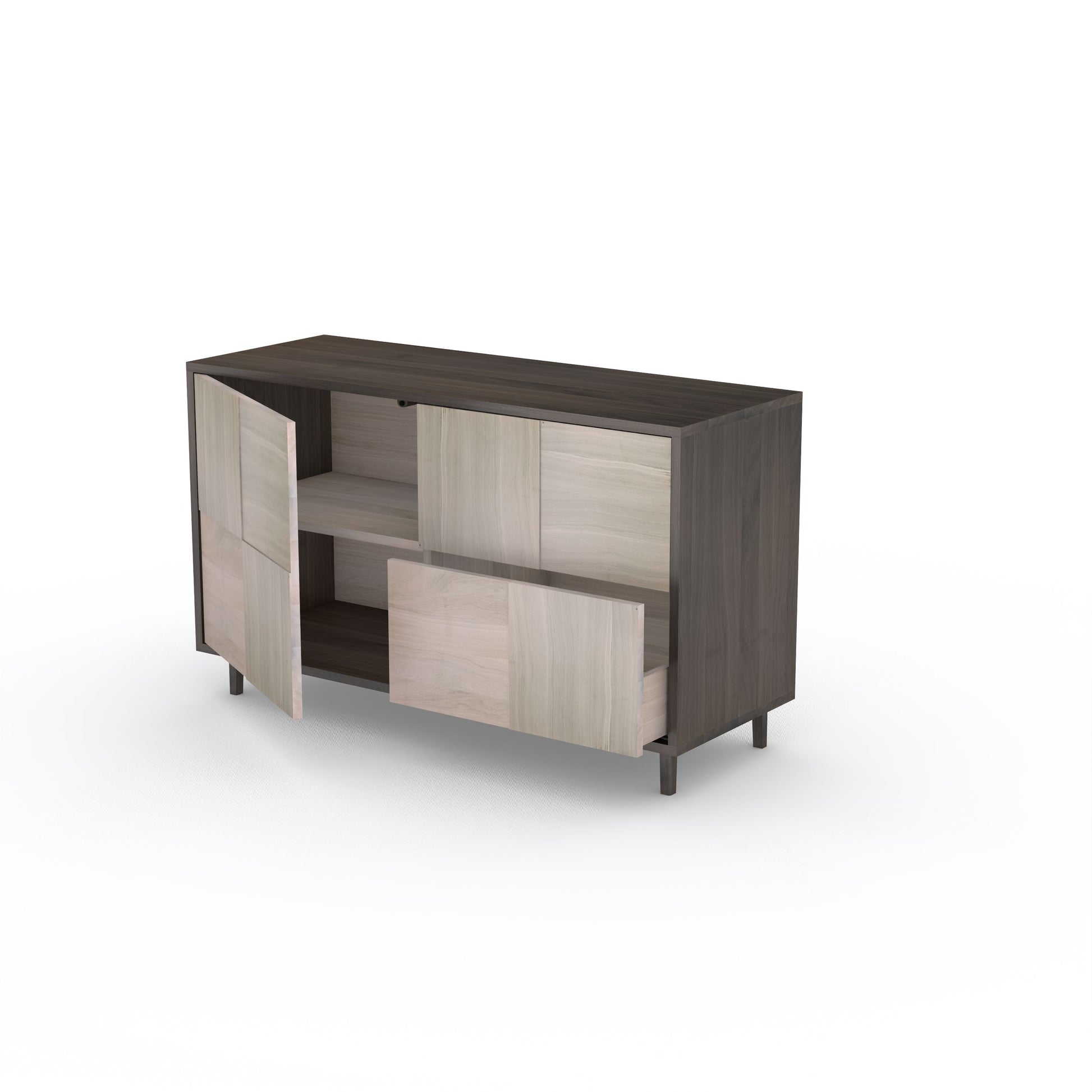 Eichen-Sideboard "Mosaik" von Wildwuchs-Möbel in Schwarz und Weiß geölt, 120cm breit, mit Baukastenfront aus Holz.