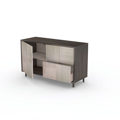 Eichen-Sideboard "Mosaik" von Wildwuchs-Möbel in Schwarz und Weiß geölt, 120cm breit, mit Baukastenfront aus Holz.