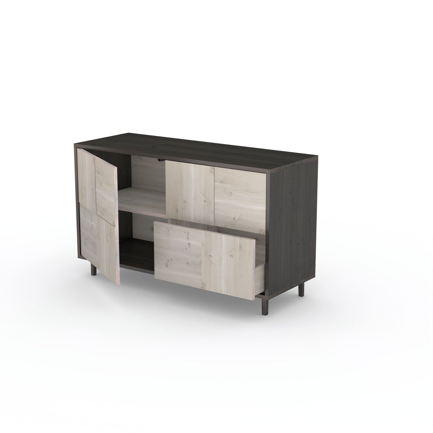 Rustikales Eiche Sideboard "Mosaik" von Wildwuchs-Möbel, schwarz-weiß geölt, 120 cm breit, mit Baukastenfront.