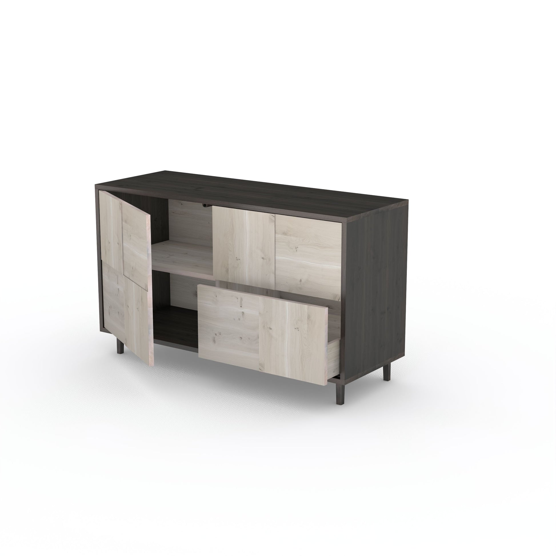 Rustikales Eiche Sideboard "Mosaik" von Wildwuchs-Möbel, schwarz-weiß geölt, 120 cm breit, mit Baukastenfront.