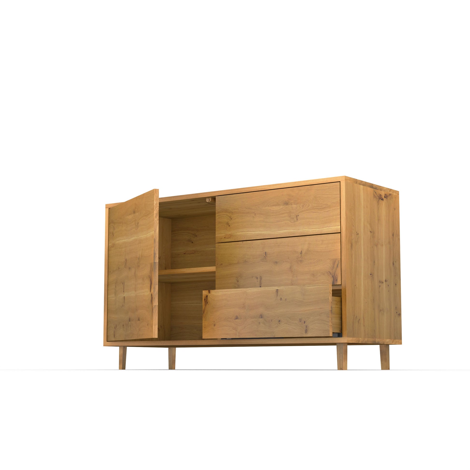 Rustikales Eiche Sideboard "schmale Fuge" von Wildwuchs-Möbel, natur geölt, 120cm breit, zweitürig mit schmalen Fugen.