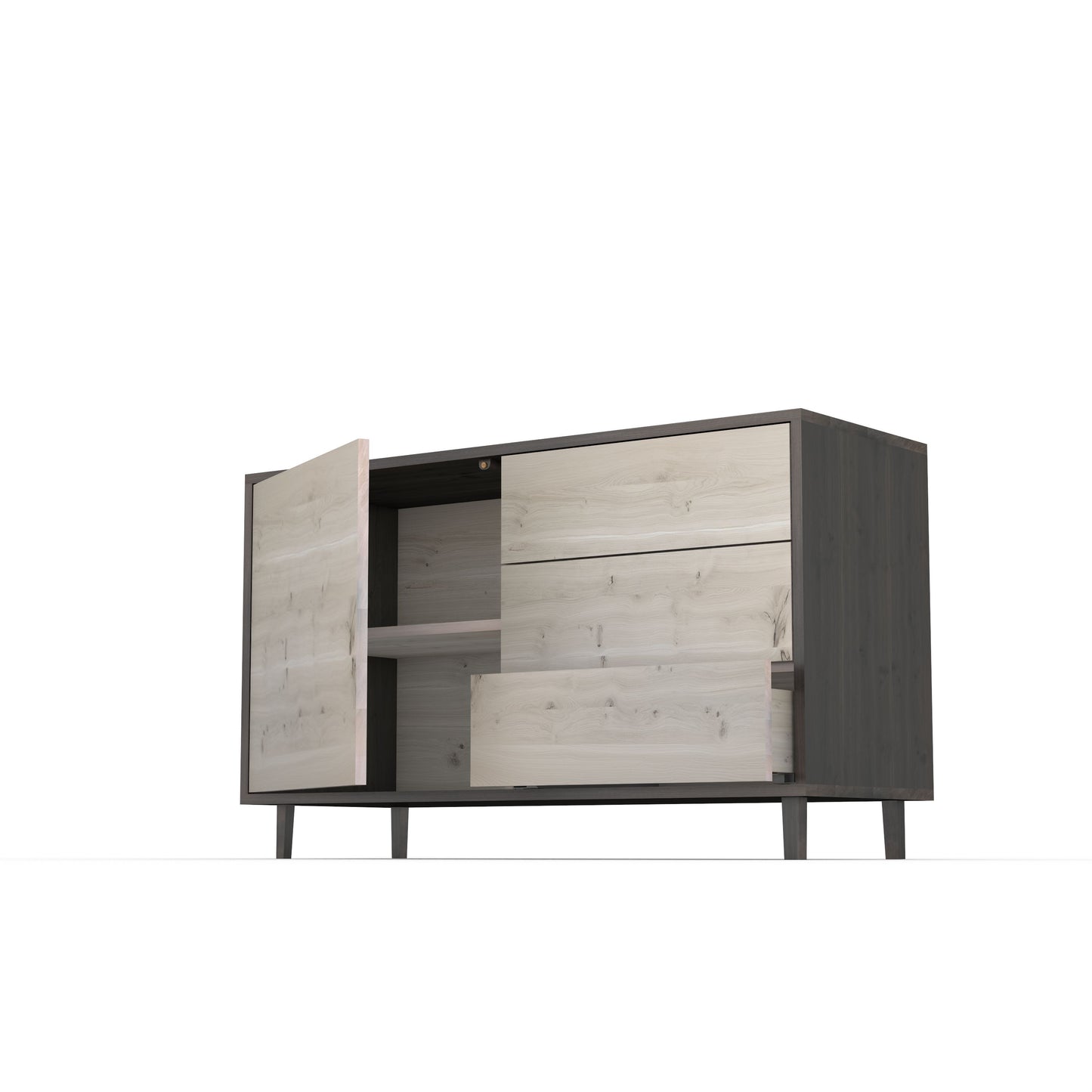 Rustikales Eichen-Sideboard "schmale Fuge" von Wildwuchs-Möbel, schwarz/weiß geölt, 120cm breit, mit eleganter schmaler Fuge.